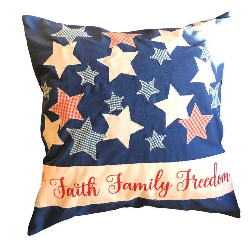 Patriotic Pillow Cover, Patchwork Stars Faith Family Freedom Applique 18 x 18